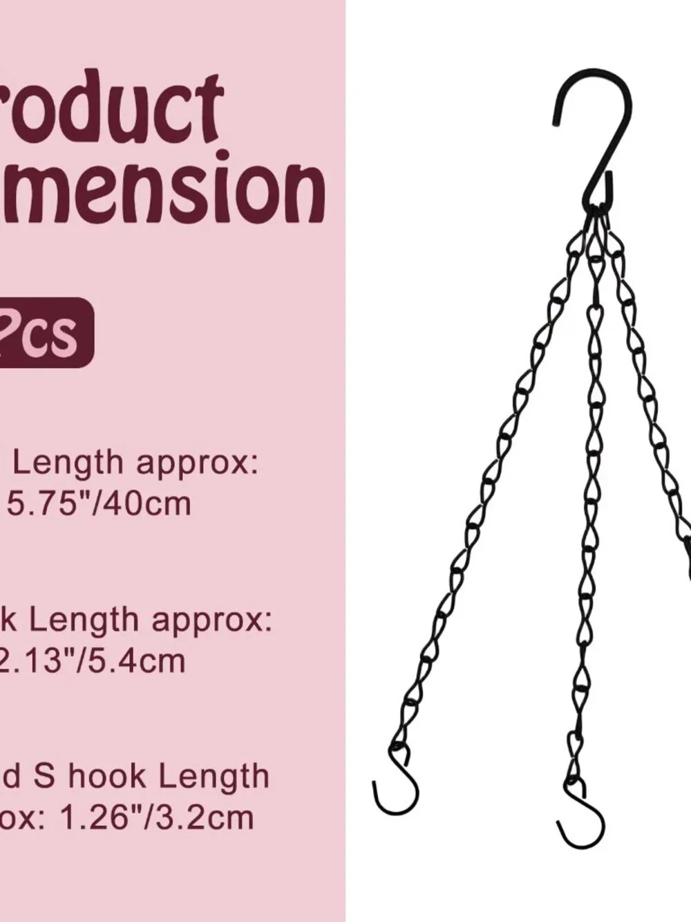 6pcs 16 Inch Hanging Basket Chains 3 Point, Black Chain with Hooks for Hanging P